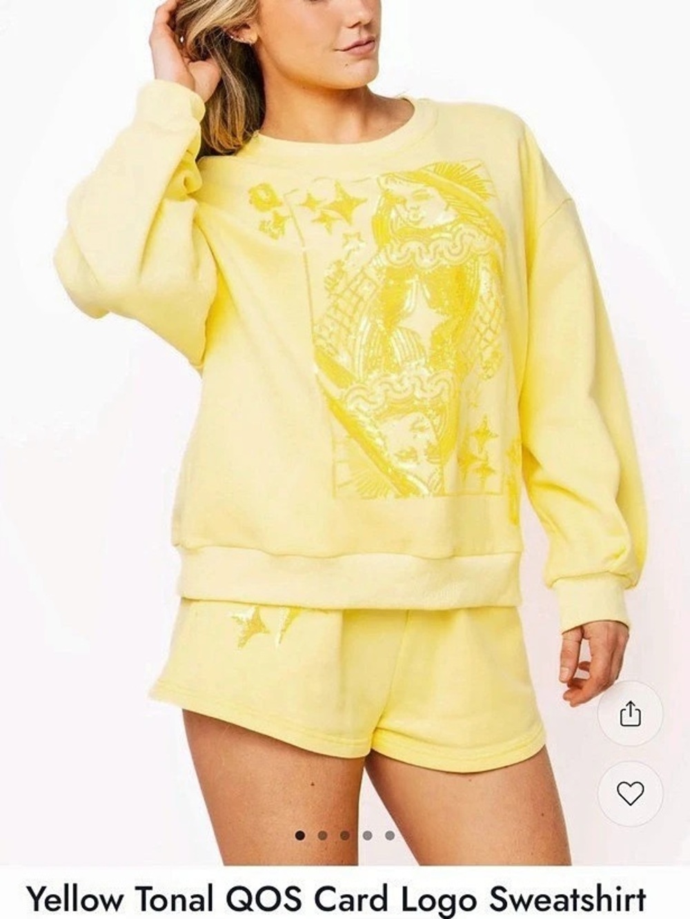 Queen Of Sparkles yellow card sweatshirt and shorts set - size small and xs